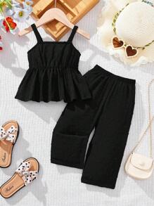 SHEIN LMoss Kids Cute Solid Color Camisole Top And Elastic Waist Pants 2 Pieces Set For Baby Girl, Summer - Black - View 7