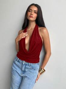 Aloruh Women's Sexy Music Festival Party Evening Daily Outings And Dates Solid Color Glitter Fabric Vacation Swing Collar Backless Knitted Halter Black Tank