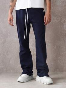 SUMWON High-Waisted Flared Pants With Side Slit Casual Stretch High-Rise Wide Bottom Split Hem Statement Pants Perfect For Evening Office Wear - Navy Blue - View 3