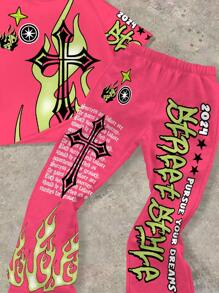 SHEIN Tween Boys Casual Minimalist Letter Print Crew Neck T-Shirt & Flared Pants 2pcs Set, Summer - Multicolor - View 4