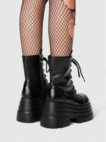 ROMWE Grunge Punk Women's Multi-Layer Platform Round Toe Dark Punk PU Black Mid-Calf Boots, Casual Street Punk Campus Style Spring Shoes For Christmas