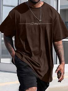 Manfinity Homme Plus Size Men's Round Neck Short Sleeve T-Shirt, Fashionable For Summer - Mocha Brown - View 1