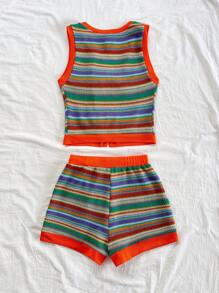 Soleia Bộ đồ 2 món thanh lịch Boho Tropical Halter Tie Strap Tank Top và quần short sọc, Xuân/Hè - Nhiều màu - Xem 2