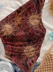 Soleia Casual Minimalist Sun Print Loose Top, Suitable For Summer Ladies Boho - Burgundy - View 5