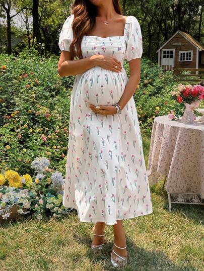 SHEIN Vestido Longo de Maternidade Elegante com Estampa Floral de Tulipa para Verão