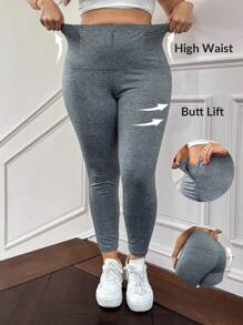 SHEIN Privé Plus Size Women All-Match Black Leggings With Zipper, Waist Cinching, Autumn/Winter, Versatile