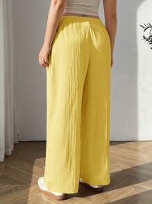 SHEIN PETITE CURVE Casual Yellow Woven Fabric Long Straight Leg Pants With Comfortable Fit And Pockets Women Wide Leg Pants Palazzo Pants Women