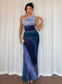 Rafferiza 渐变色高开叉不对称领褶皱薄纱长裙女装 - 深色水洗藍 - 查看 3