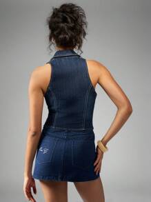 MISSGUIDED 牛仔背心马甲纽扣前开襟无袖修身设计师短款夹克时尚街头服饰经典 Y2K 秋冬 - 深色水洗藍 - 查看 2