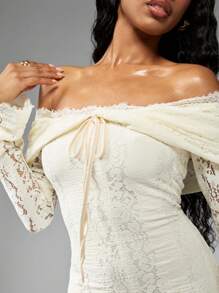 MISSGUIDED 露肩长袖蕾丝新娘晚礼服地板长度美人鱼婚礼宾客派对正式特殊场合钟袖褶皱腰围 - 白色 - 查看 4