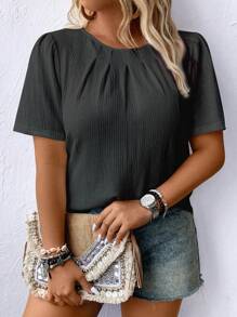 EMERY ROSE Plus Size Casual Solid Color Round Neck Short Sleeve Shirt, Suitable For Summer