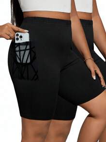 SHEIN Essnce Plus Size Women's Spring And Summer Fashion Leisure Sports High Elasticity Comfortable Basic Daily Versatile Slim Black Mesh Pocket Motorcycle Shorts 2 Packs,Street Wear,Women Bottom,Y2k Clothes,Biker Shorts,Summer Shorts,European Summer - Black - View 6