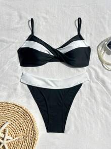 SHEIN Swim 全新可调节细肩带黑白扭结短款背心和高腰侧低腰性感比基尼套装 2 件套，度假比基尼 - 黑與白 - 查看 2