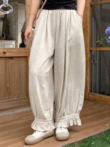 FRIFUL Quần vải lanh rộng rãi cho nữ đi làm thường ngày có viền xếp nếp - Xám - Xem 7