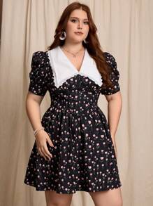 SHEIN MOD Abito con stampa a fiori piccoli, colletto alla coreana e maniche a gigot, adatto per il Giorno della Madre, 4 luglio, laurea, abito da sera, abito casual estivo, abito elegante estivo, abito da donna taglie comode, abito da donna casual estivo, abito corto estivo da donna, adatto anche per Ognissanti e compleanni