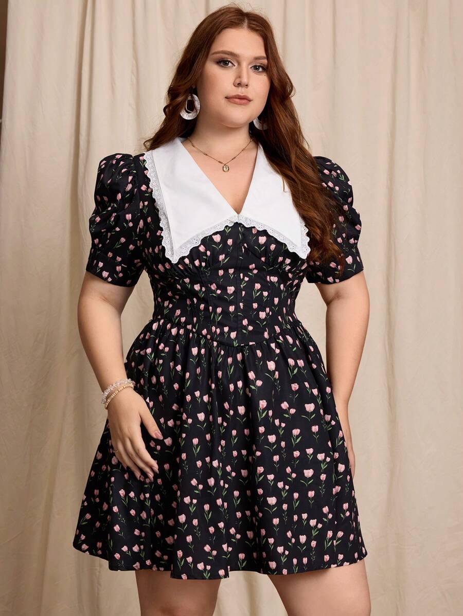 SHEIN MOD Abito con stampa a fiori piccoli, colletto alla coreana e maniche a gigot, adatto per il Giorno della Madre, 4 luglio, laurea, abito da sera, abito casual estivo, abito elegante estivo, abito da donna taglie comode, abito da donna casual estivo, abito corto estivo da donna, adatto anche per Ognissanti e compleanni