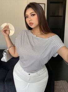 Dazy Plus Black & White Striped Asymmetric Open Shoulder Short Sleeve T-Shirt, Spring/Summer - Black and White - View 9
