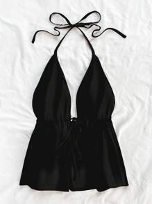 Soleia Women's Casual Halter Tie-Up Open Back Cami Tank Top, Suitable For Summer - Black - View 6