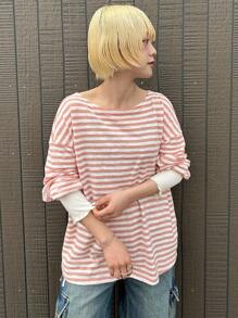 FRIFUL Women's Striped Loose Petite Long Sleeve T-Shirt, Spring Casual Outfit Vacation Striped Top