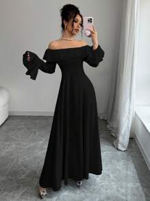 Elenzga 女士新款时尚露肩长裙 - 黑色 - 查看 1