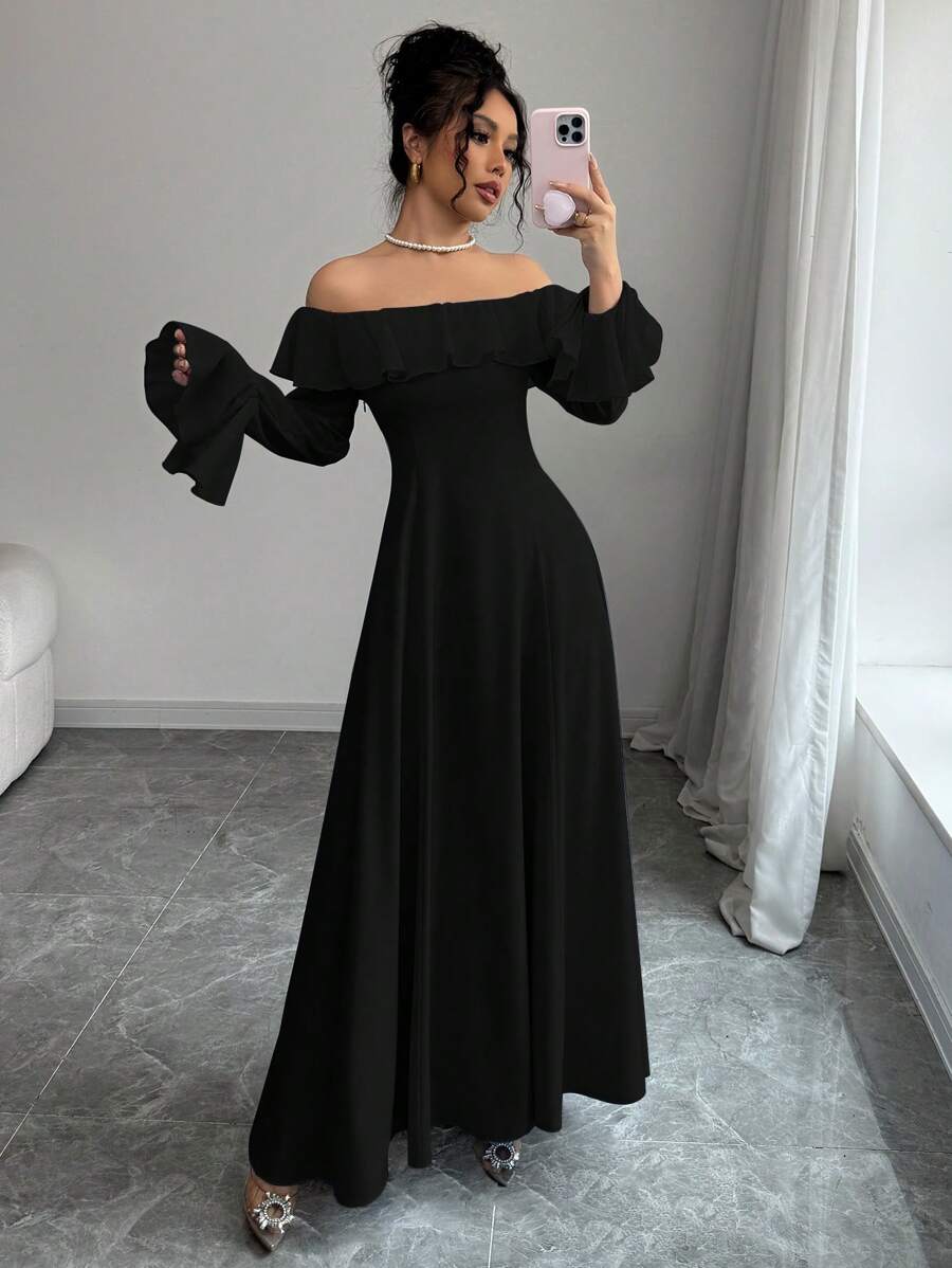 Elenzga 女士新款时尚露肩长裙 - 黑色 - 查看 1