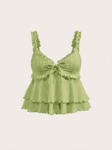 SHEIN MOD Áo hai dây nhún bèo hoa xanh lãng mạn, áo ba lỗ họa tiết hoa cúc Boho dễ thương cho ngày lễ, dã ngoại, hẹn hò - màu xanh lá - Xem 1