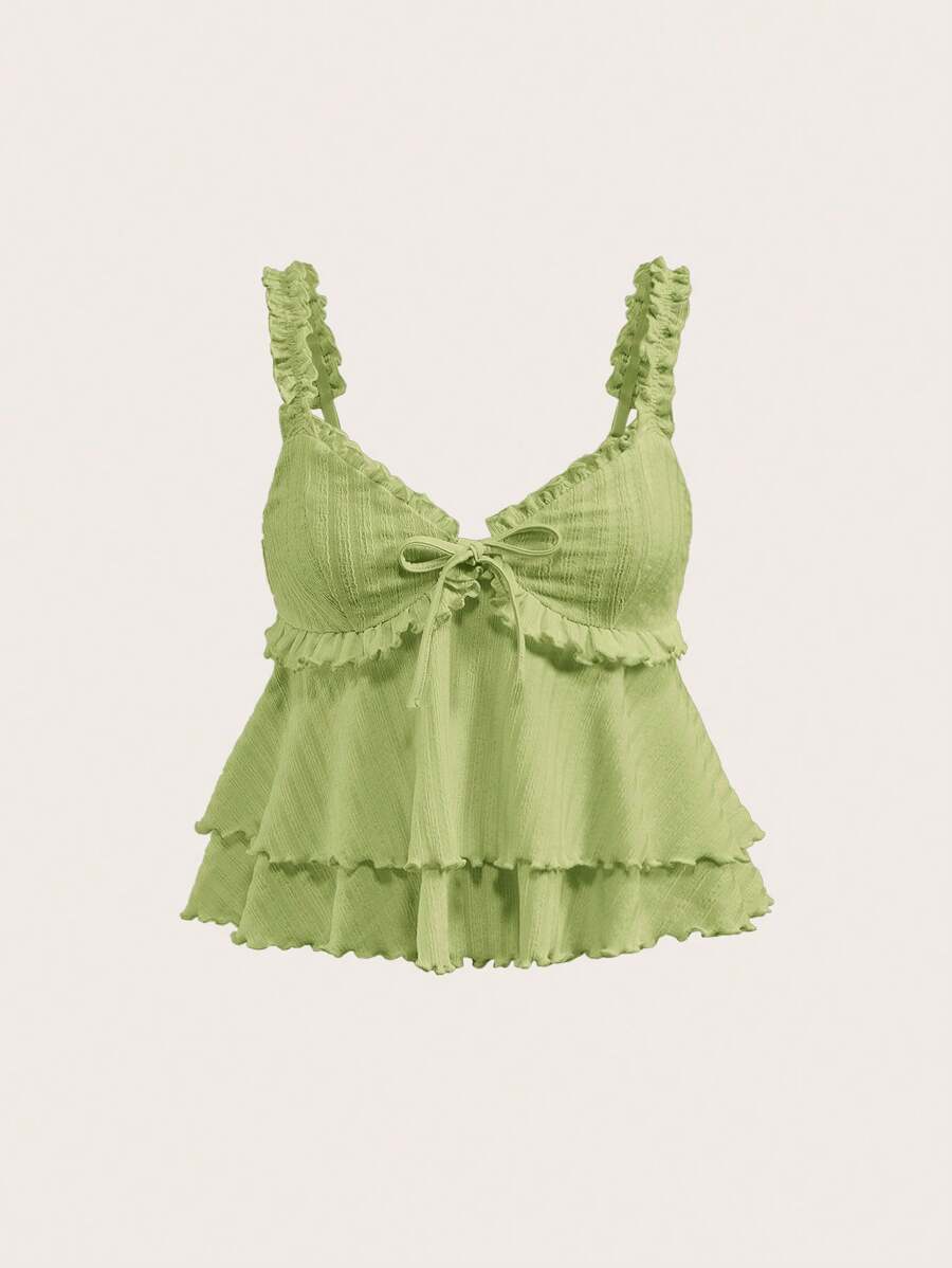 SHEIN MOD Áo hai dây nhún bèo hoa xanh lãng mạn, áo ba lỗ họa tiết hoa cúc Boho dễ thương cho ngày lễ, dã ngoại, hẹn hò - màu xanh lá - Xem 1