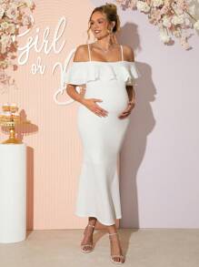 Loomaby Maternity Off Shoulder Solid Color Dress, Simple & Fashionable, Suitable For Summer,Gender Reveal Dress,Baby Shower Dress,Maternity Dress - White - View 1
