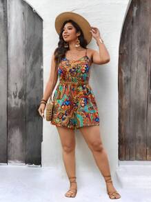 SHEIN LUNE Plus Size Women Allover Print Casual Romper Spring Outfits For Women Easter - Multicolor - View 3