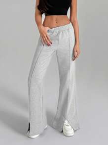 SHEIN Women Solid Color Embroidery Detailed Sweatpants Women Pants Wide Leg Women S Clothes Women S Outfit Wide Leg Jeans Woman Women Work Outfits - Grey - View 3