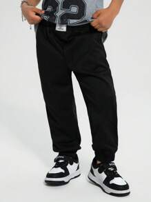 SHEIN Young Boys Casual Street Comfortable Patched Loose Drawstring Knit Pants, Suitable For Commute, School, Everyday, Holiday, Sports, Spring/Summer - Black - View 3