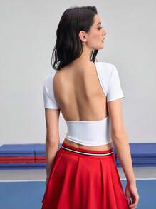 Cheerettes Letter Print Open Back Round Neck Tight-Fitting Short Sleeve Sports T-Shirt