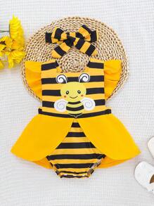 SHEIN 1 pieza Pelele de manga corta con estampado de abeja y cintura elástica para bebé niña, conjunto de uso diario holgado y cómodo con diadema, nuevo lanzamiento de verano
