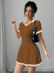 Elenzga Black & White Contrast V-Neck Casual Pleated Sweater Dress - Coffee Brown - View 1