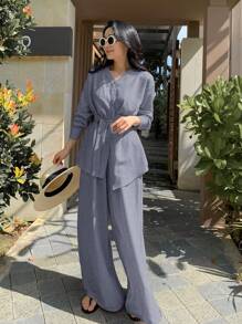 DAZY Bộ đồ mặc nhà thanh lịch gồm áo dài bất đối xứng và quần ống rộng dành cho nữ. - Màu xanh hải quân - Xem 5