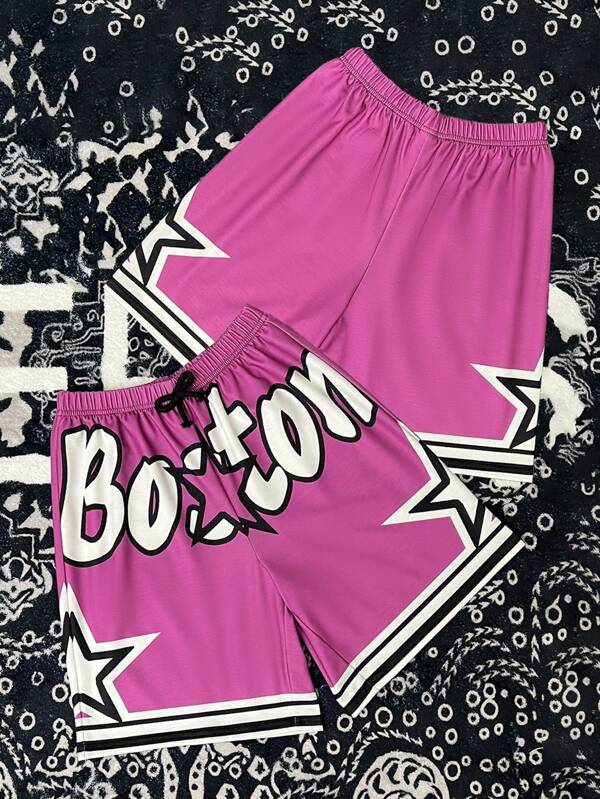 SHEIN Pantalones cortos deportivos de punto holgados con estampado versátil, cómodos y casuales para niños preadolescentes, apropiados para ir al colegio, ocio diario, vacaciones, actividades deportivas, y aptos para primavera y verano