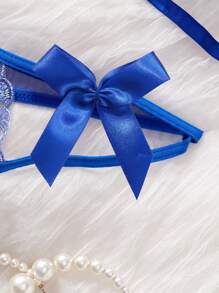 2pcs Floral Embroidered Mesh Backless Sexy Lingerie Set - Blue - View 3