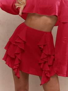 MISSGUIDED Ruffle Detail Festival Mini Skirt High Waisted Boho Chic Summer Dance Party Casual Resort Wear Asymmetrical Occasion Evening Beachwear Vacation - Red - View 3