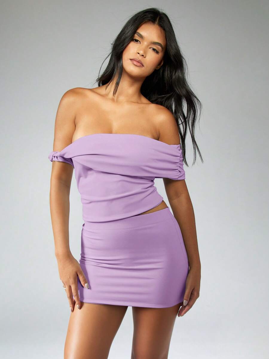 MISSGUIDED 露肩褶饰短款上衣迷你裙套装派对俱乐部夜场夏季春节度假晚装套装 - 紫丁香色 - 查看 1