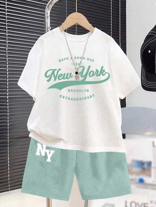 SHEIN 2pcs/Set Teenage Boys Casual Simple Short Sleeve Crew Neck T-Shirt And Shorts Set, Suitable For Summer