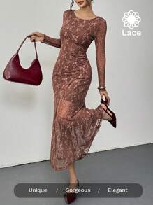 SHEIN Essnce Vestido de invitada de boda casual de verano 2025 - Vestido maxi de encaje de estilo boho chic de manga larga con forro, ocasión casual de playa o iglesia, bordado de flores color marrón chocolate, inspirado en el estilo Y2K para vacaciones y resort para mujeres