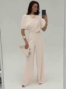 Aloruh New Simple Solid Apricot Color Pleated Decor Asymmetrical Shoulder Jumpsuit, Sexy High Waist Wide Leg Pants
