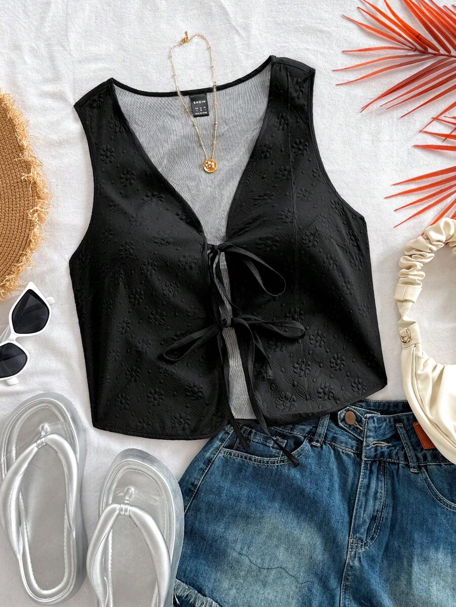 Soleia 女士休闲系带纹理面料吊带背心 - 黑色 - 查看 1