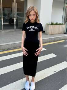 SHEIN Tween Girls' Letter Print Short Sleeve Fitted Long Casual Sports Dress - Black - View 8