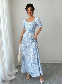 Chiquease 女式长款花卉印花褶皱泡泡袖褶饰腰部连衣裙 - 藍白色 - 查看 4