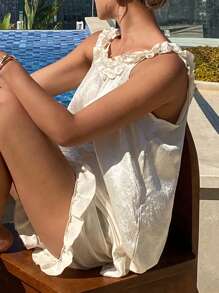 DAZY 女士 2 件套缎面荷叶边吊带背心短裤睡衣套装 - 米色 - 查看 2