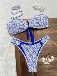 Swim Mod Bộ bikini thông thường hở lưng ren kim loại thanh lịch 2 món cho nữ mùa hè có dây đeo có thể điều chỉnh - Xanh và trắng - Xem 2