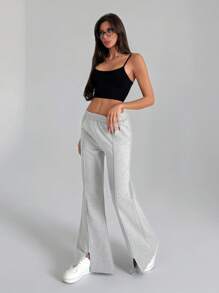 SHEIN Women Solid Color Embroidery Detailed Sweatpants Women Pants Wide Leg Women S Clothes Women S Outfit Wide Leg Jeans Woman Women Work Outfits - Grey - View 4