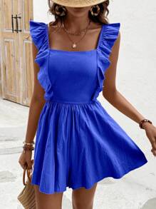 Breezaya Women's Casual Vacation 100% Cotton Open Back Bowknot Strap Frill Trim Romper - Blue - View 6