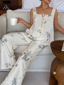 Livesso Conjunto de pijama con top sin mangas de cuello de corbata con estampado completo de estilo chino y pantalones rectos - Azul - Ver 3